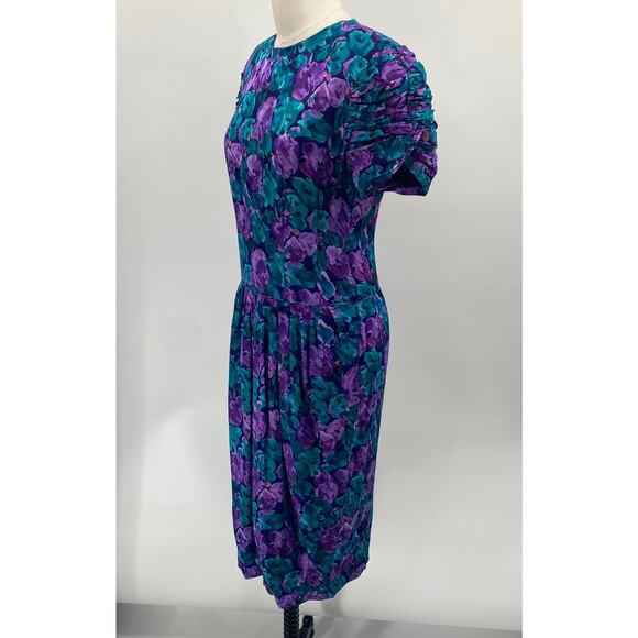 Vintage 80s Maggy London Silk Dress Ruched Sleeves Floral Printed Blue Womens 6 - Picture 5 of 10